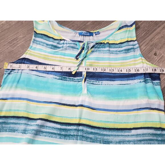 Fresh Multi Color Striped Sleeveless Blouse Key Hole Crewneck Blue Shirt Top - Picture 3 of 7